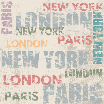 Typographic poster with city names London, Paris and New York