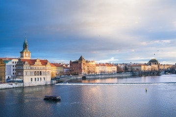 Fototapeta na wymiar The view from the Charles bridge over the Vltava river, Smetana