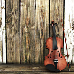 Fototapeta na wymiar Violin leaning on a wooden fence. Room for text or copy space.