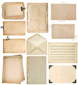 used paper sheets. vintage book pages, cardboards, music notes,