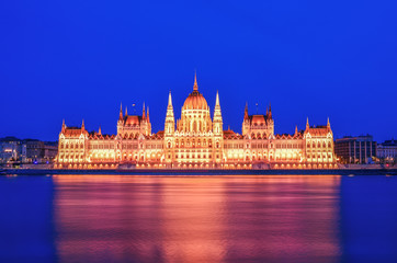 The historical building of Hungarian Parliament during the blue