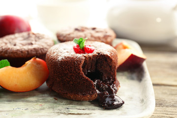 Hot chocolate pudding with fondant centre, close-up