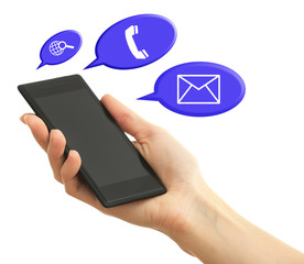 Smart-phone in hand and buttons around isolated on white