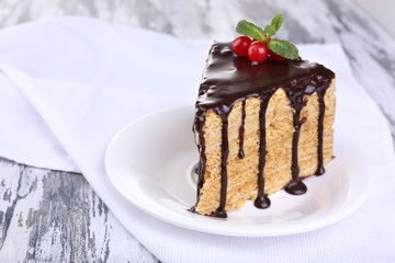 Chocolate cake on wooden table