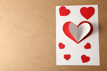 Beautiful hand made post card  with paper hearts