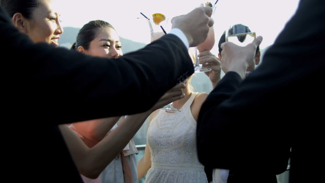 Young Multi Ethnic Business People Outdoors Rooftop Bar 