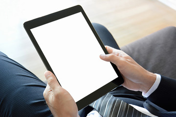 Businessman hands holding tablet pc with isolated screen