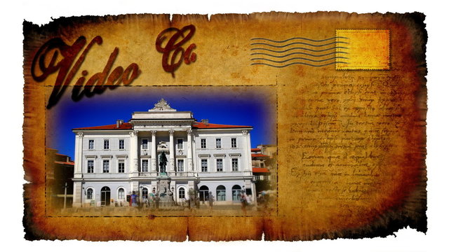 Animated video card with moving picture of mansion in Piran in Slovenia