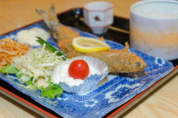 Fried fish and rice, set of Japanese food.
