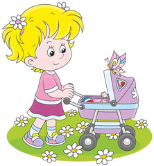 Girl with a toy baby buggy