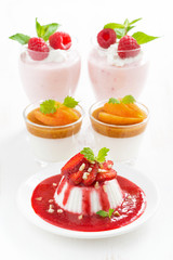 assortment of desserts with cream jelly and fresh berries