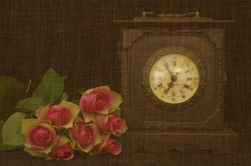 stillleben mit rosen und uhr