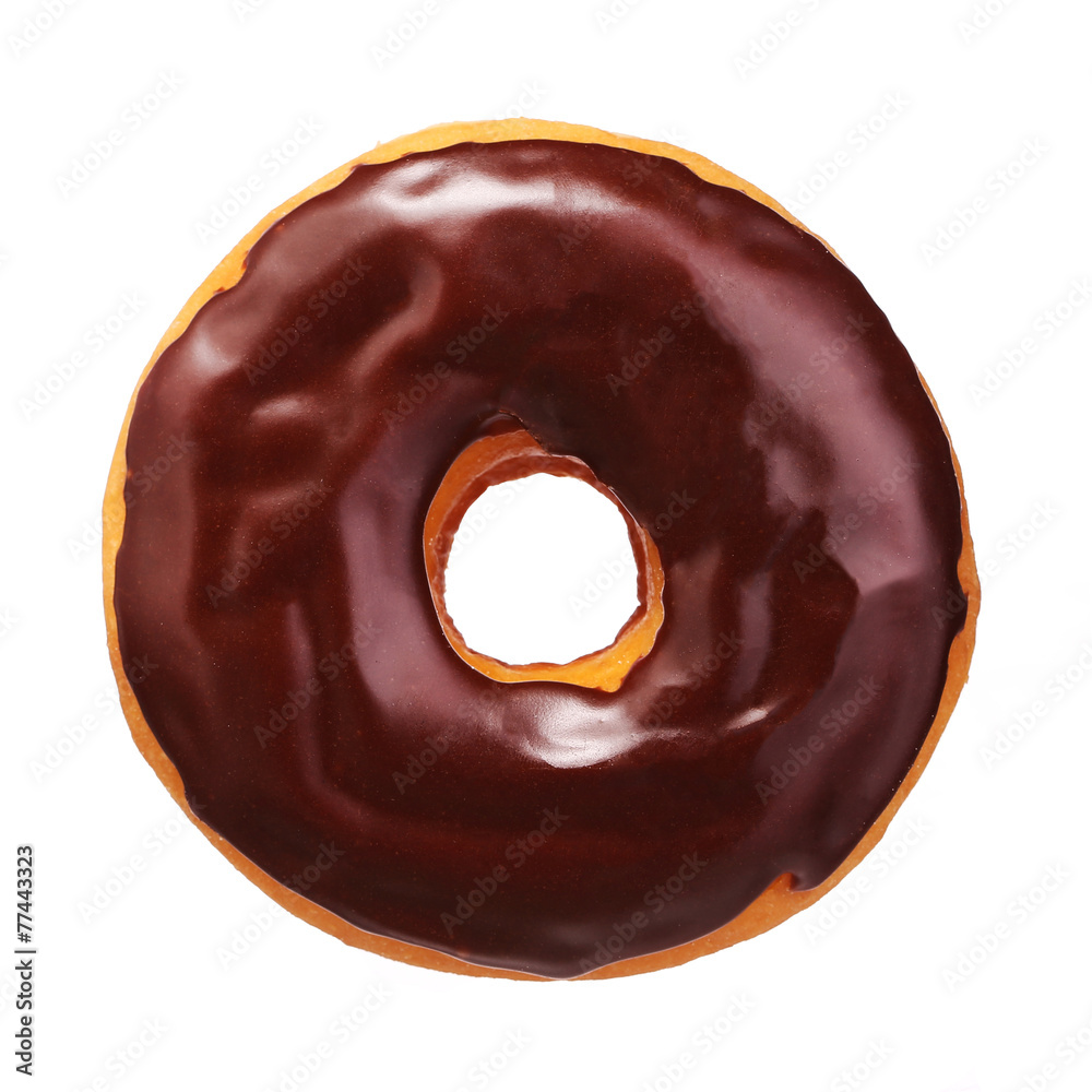 Wall mural donut with chocolate glazing isolated on white