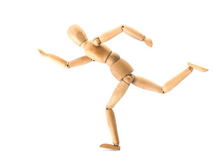 Wooden figure on running pose isolated on white