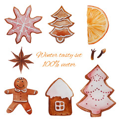 Christmas sweets set. Watercolor gingerbread, badian, tangerine