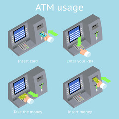 ATM terminal usage. Payment with credit card, take and insert