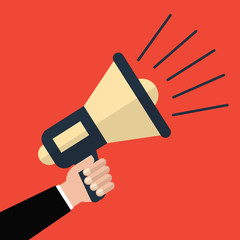 Hand holding megaphone, illustration in flat style