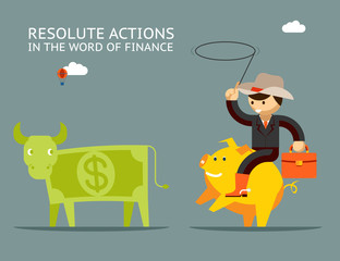 Fundraising concept. Businessman on pig catches money
