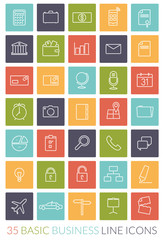 Basic business line icons in colored squares vector