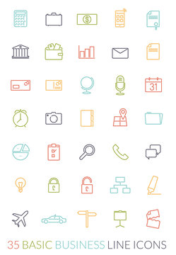 Basic business line icons, colored on white background