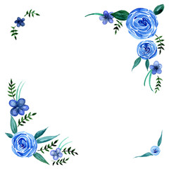 Watercolor blue flowers with leaves wreath frame vector