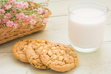 White chocolate chip cookie and milk glass