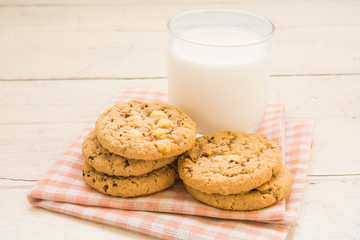 White chocolate chip cookie and milk glass