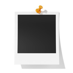 Photoframe with orange pushpin isolatd on white background