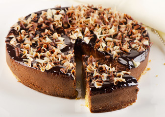 Chocolate cake on  white plate