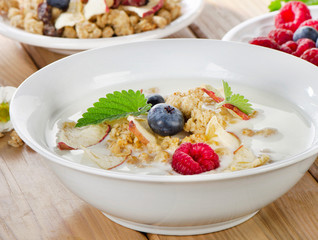 Healthy breakfast - yogurt with muesli and berries