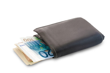 Black Leather Wallet with money on a White Background