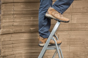 Worker on ladder in warehouse