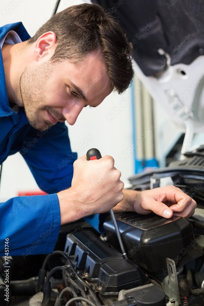 Poster mechanic using screwdriver on engine