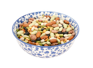 Mixed dried beans in a blue and white china bowl
