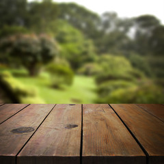 Wooden table in garden for product display montage