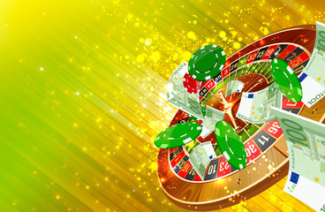 Casino wheel roulette, casino chips and money floating