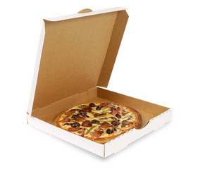 Pizza in plain white delivery box open top isolated white background photo