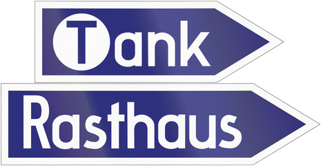 Old design (1937) of a highway sign announcing a gas station and a highway restaurant/Rasthaus