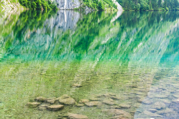 Panoramic view of Obersee lake with clear green water. Germany