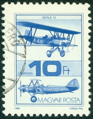stamp printed in Hungary shows Old Airplane
