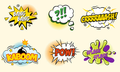 Comic speech bubbles in pop art style with bomb cartoon