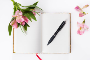 Valentines day, Mothers day composition. diary and flowers.