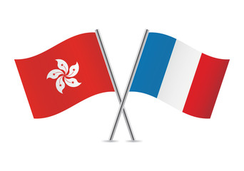 French and Hong Kong flags. Vector illustration.