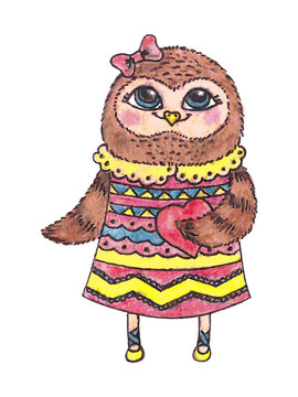 cute owl with heart, vector watercolor character.