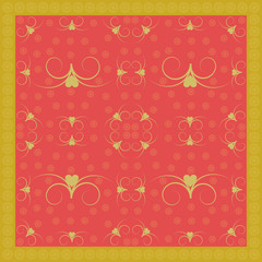 Goldenes Flourish Muster mit Herzen auf rot und gold umrandet