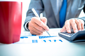 Businessman analyzing investment charts with laptop. Accounting