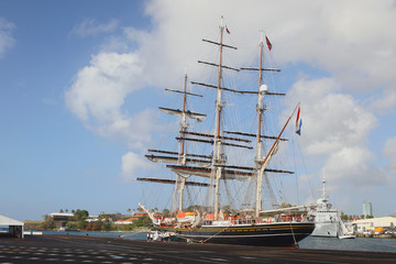 Three-mast yacht in port. Fort-de-Frans, Martinique