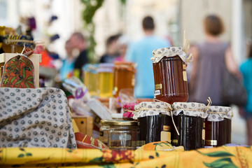Homemade honey pots on a provencal market, France