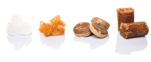 Palm sugar, coconut sugar, sugar cane rock and white rock sugar
