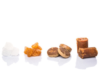Palm sugar, coconut sugar, sugar cane rock and white rock sugar